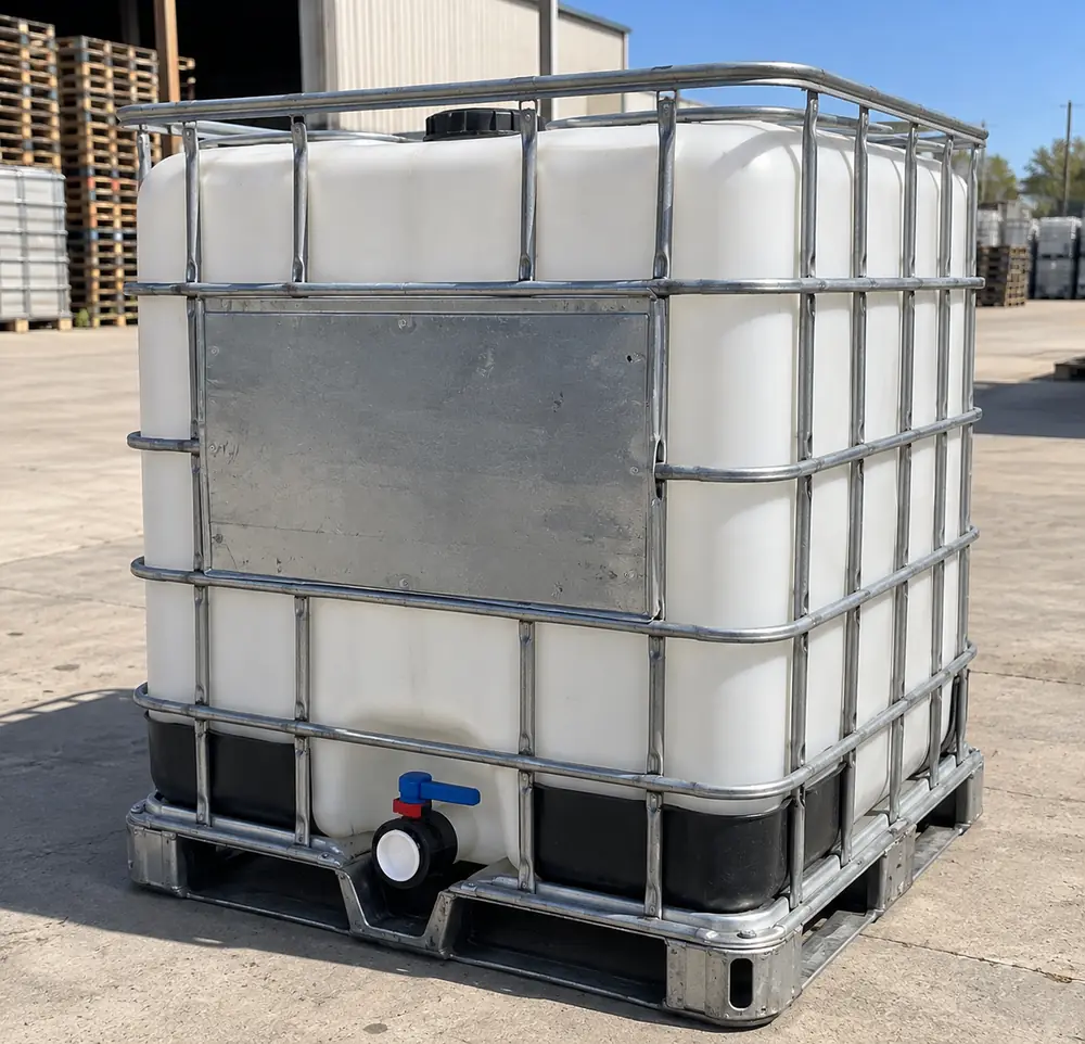 A single reconditioned 275 gallon IBC tote on a galvanised steel pallet with a blue ball valve