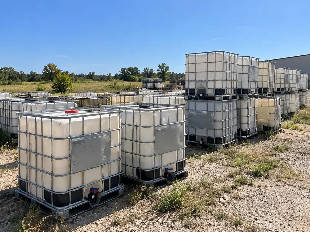 IBC totes standing on gravel in a field beside a tree line
