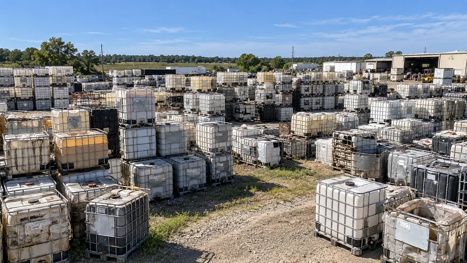 Hundreds of used IBC totes stacked across the yard at 310 Emig Rd, York, Pennsylvania