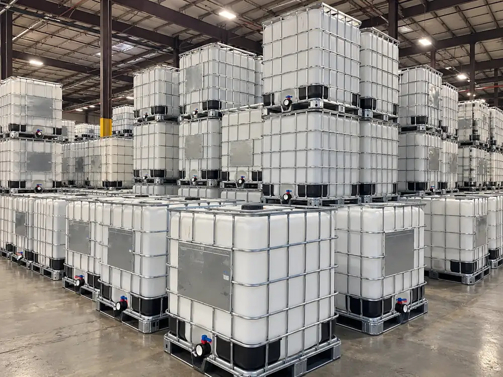 Reconditioned IBC totes racked inside the covered process building
